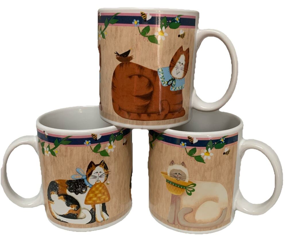 Vintage Whimsical Cat Coffee Tea Mugs SAKURA Set of 3